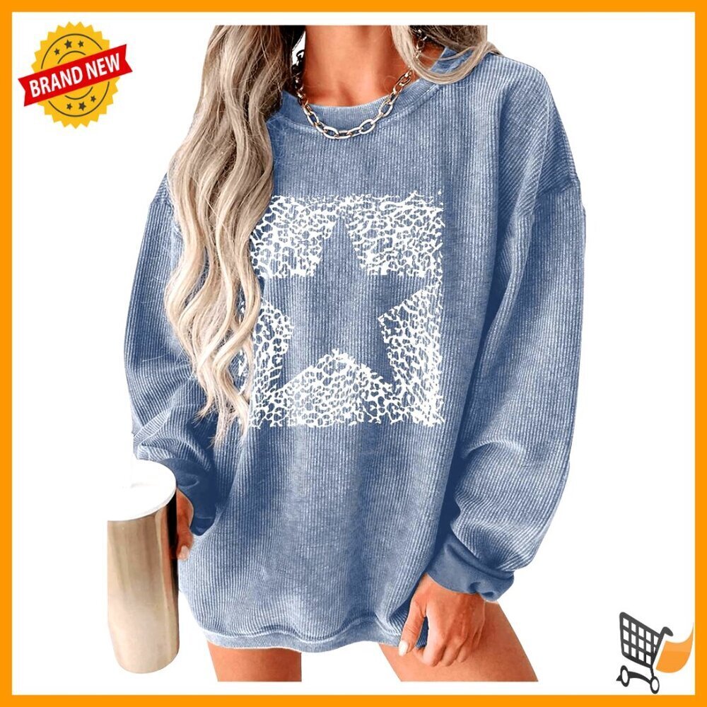 Oversized Graphic Sweatshirt Leopard Star Print Drop Shoulder Long Sleeve